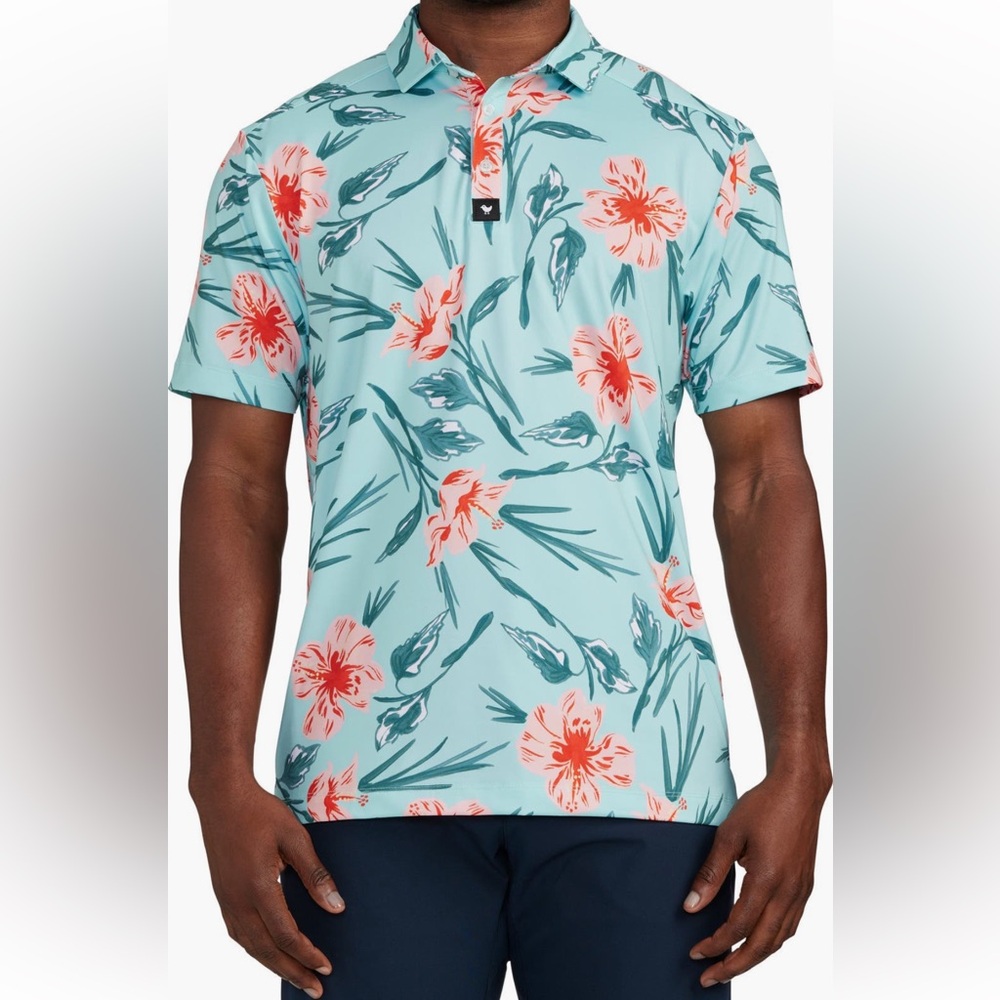 Bad Birdie Aqua Floral Polo with Coral and Teal Accents